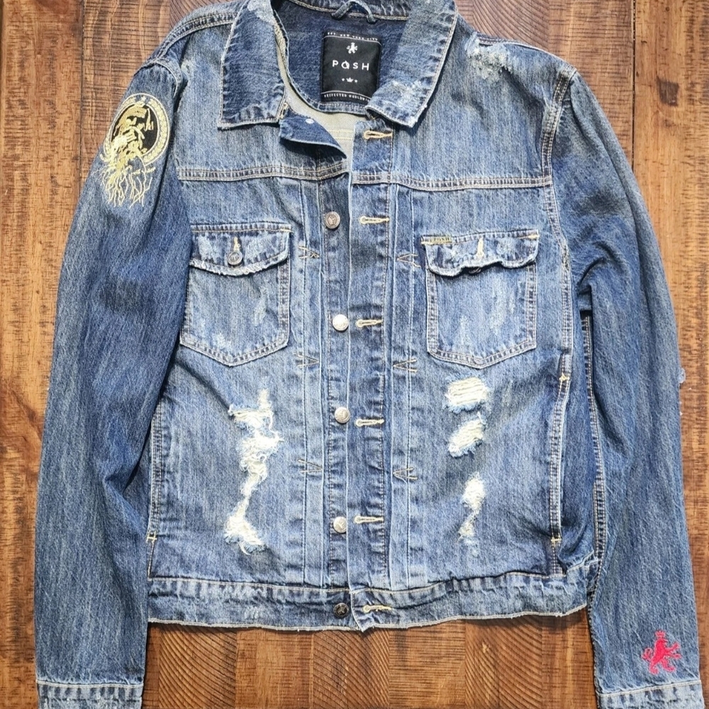 Posh New York Mens Jean Jacket Distressed Size Large Dark Blue Denim